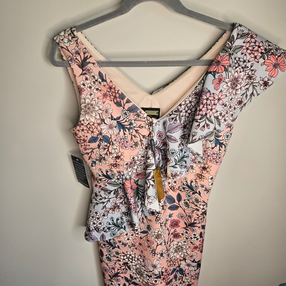 NWT Alexia Admor Floral Patchwork Ruffle Sheath Dress Pink Blue Cottagecore Sz 8